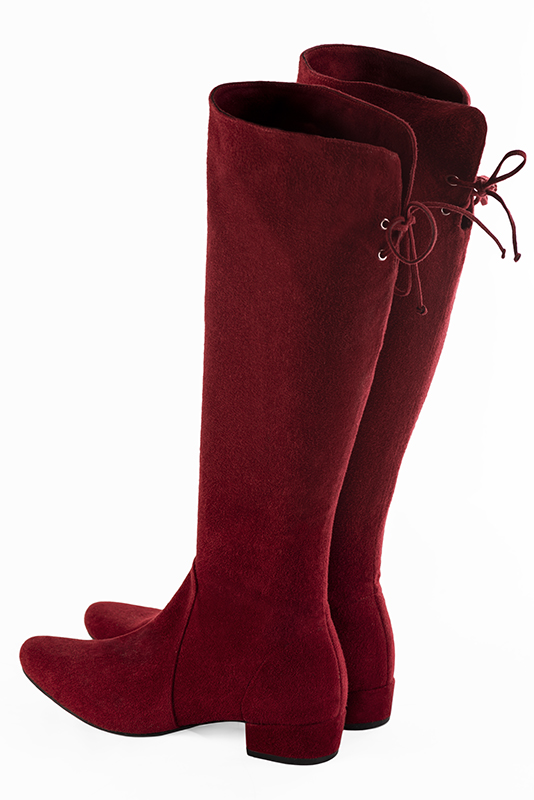 Burgundy red women's knee-high boots, with laces at the back. Round toe. Low block heels. Made to measure. Rear view - Florence KOOIJMAN